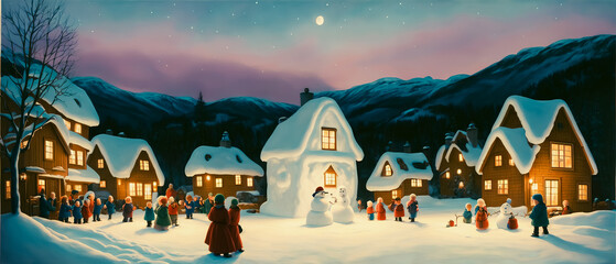 Artistic concept illustration of a snowman in the village  , christmas, background illustration. Generative AI