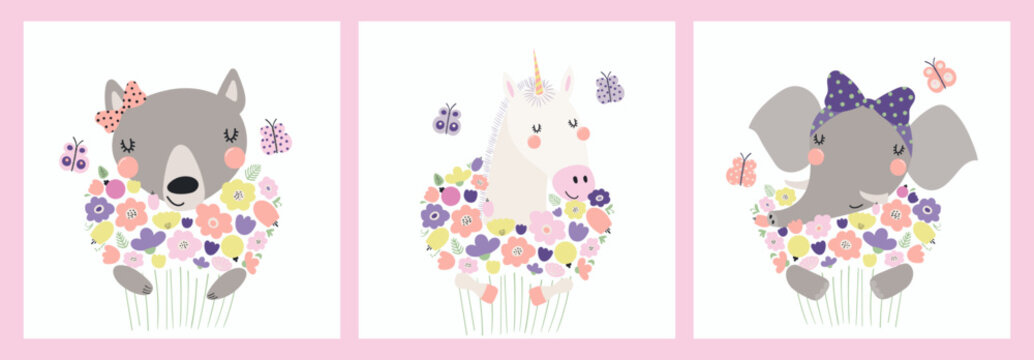 Cute funny animals, wolf, unicorn, elephant, holding flower bouquets. Posters, cards collection. Hand drawn vector illustration. Scandinavian style flat design. Concept spring, summer kids print.