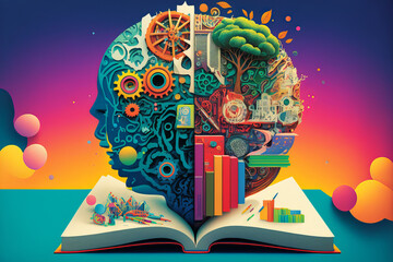 A Collage of Colorful Symbol of Learning and Intelligence: Generative AI Depicting Books, Cogs, a Brain, a Lightbulb, and Education