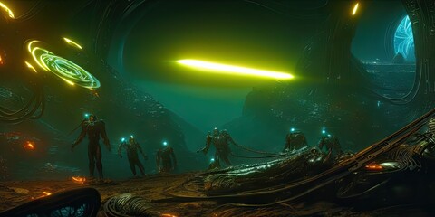 Obraz na płótnie Canvas Prometheus biological sci-fi environment is set in a nightmarish universe of odd forms and somber tapestry