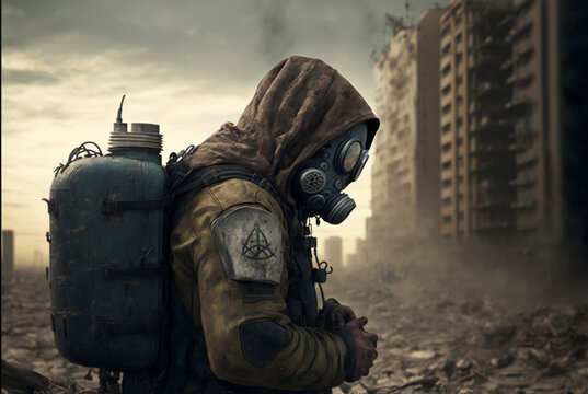 Soldier wearing gas mask in post-apocalyptic city ruins and battlefield. War concept.Generative AI.