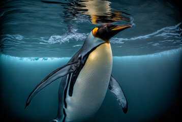 Emperor penguin swimming under iceberg transparent water,generative ai. - obrazy, fototapety, plakaty
