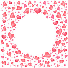 Watercolor frame of pink hearts. Romantic illustration isolated on white background. For Save the date, Valentines day, birthday and mothers day cards, wedding invitation