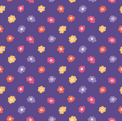 Bright meadow flowers floral seamless pattern on a violet background. Hand drawn vector illustration. Scandinavian style design. Concept for kids textile, fabric, fashion print, wallpaper, packaging.