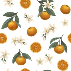 Hand painted illustration of orange tree branch. Seamless pattern design. Perfect for fabrics, wallpapers, clothes, home textile, posters, packaging design, stationery and other goods - 562500563
