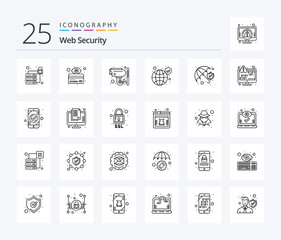 Web Security 25 Line icon pack including protection. security. cctv. secure. protection
