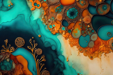 Generative AI illustration of colorful teal and orange alcogol ink spill on marble with organic growth abstract background