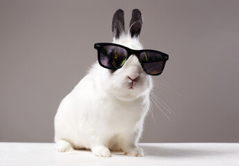 Funny fluffy rabbit in sunglasses. Easter bunny