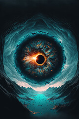 Mystical black hole shaped like an eye. Role-playing game illustration. Generative AI.