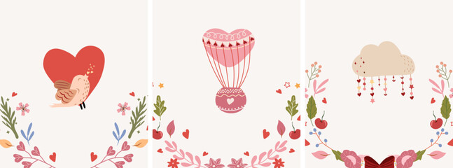 Beautiful compositions with flower wreaths, a singing bird, a air ballon, a cloud. Bright illustrations for greeting cards, posters, banners, invitations to weddings, birthdays, etc. vector.