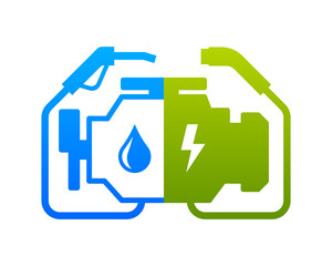 Plug-in hybrid electric vehicle engine vector symbol. PHEV car, half section part of electric energy and fuel engine sign. Vector illustration.
