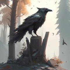 Crow on a stump. Role-playing game illustration. Generative AI.