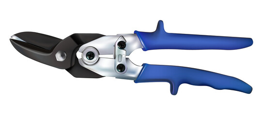 Chrome hand metal shears, modern steel realistic tool with blue handles.png