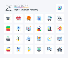 Fototapeta na wymiar Academy 25 Flat Color icon pack including balance. lecture. basketball. blackboard. page