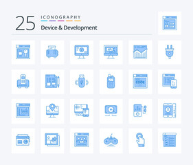 Device And Development 25 Blue Color icon pack including website. analysis. monitor. education. code