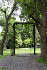Scenery of a green yard in front of country house