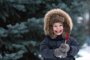Portrait of a beautiful little Russian boy in a hat with earflaps with a lollipop cockerel in...
