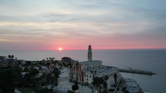 Old Jaffa port at sunset time aerial photography