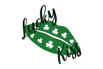 Irish kiss. Green lips with shamrock. Vector