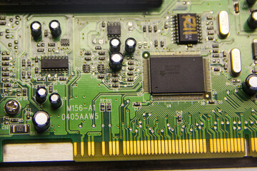 Board, microcircuit with resistors, transistors close-up