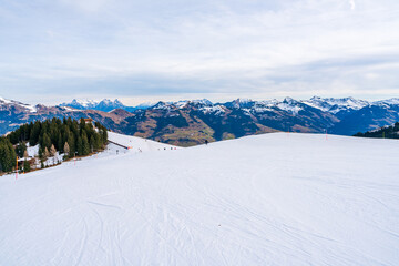 Wintry landscape on Hahnenkamm mountain in Austrian Alps in Kitzbuhel. Winter in Austria
