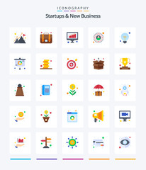 Creative Startups And New Business 25 Flat icon pack  Such As analysis. business idea. business. bulb. target