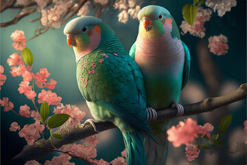 Two parrots on a branch in blossoms. Generative AI