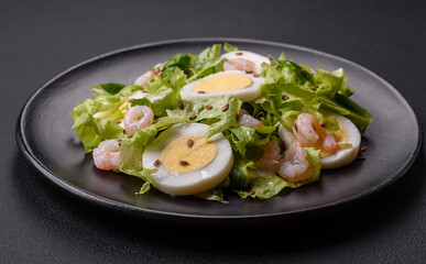 Delicious fresh healthy salad with shrimp, egg, lettuce and flax seeds