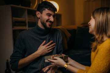 Giving a gift to her boyfriend
