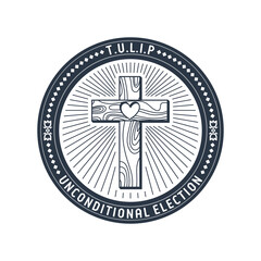 Christian vector illustration. John Calvin's Tulip. Unconditional election.