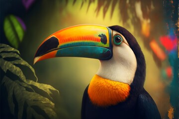 
photorealistic Portrait colored tropical toucan bird, forest in the background Cinematic landscape Generative ai