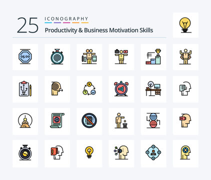 Productivity And Business Motivation Skills 25 Line Filled icon pack including trophy cup. prize. nonstop. achievements. play