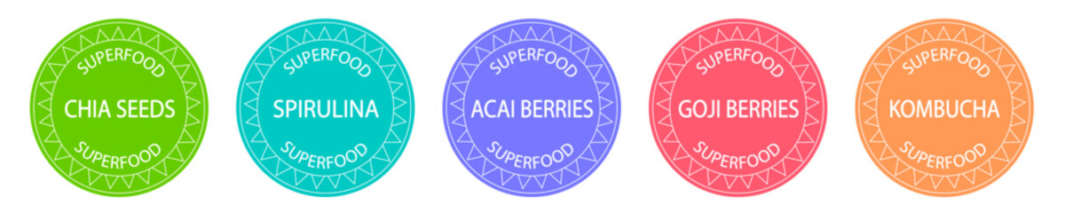 Set of superfood labels: chia seeds, spirulina, goji berries, acai berries and kombucha. Antioxidants and vitamins natural source