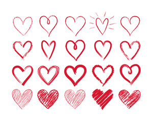 Set of doodle hand drawn hearts. Cute sketched heart shaped design elements