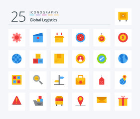 Global Logistics 25 Flat Color icon pack including star. global. shopping. clock. watch