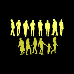 Silhouettes of People Yellow Design on Black Isolated 