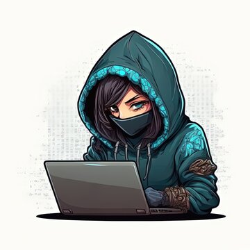 Cute girl hacker with laptop. Avatar in cartoon style. Generative Ai