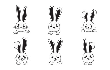 Drawn bunny vector icon, doodle rabbit set, cute animal head, cartoon simple character isolated on white background. Funny illustration