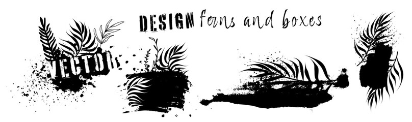 Dirty grunge elements and spray graffiti stencil. Design elements, boxes and frames for text. Dirty artistic grunge vector texture with ferns. Inked splatter dirt stain brushes with drops blots.