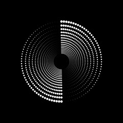 A white circle of dotted semitones on a black background. A design element. Disappearing gradient. Minimalist background. Vector illustration.