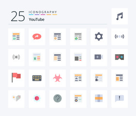 Youtube 25 Flat Color icon pack including gear. ui. basic. globe. basic