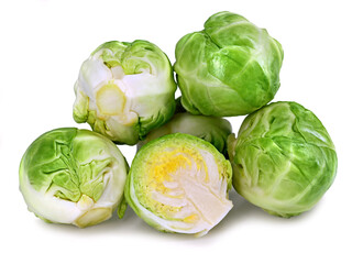 fresh green brussels sprouts isolated on white background, close up of healthy cabbage vegetable