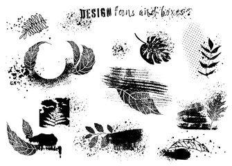Dirty artistic grunge vector texture with ferns. Design elements, boxes and frames for text. Inked splatter dirt stain brushes with drops blots. Dirty grunge elements and spray graffiti stencil. 
