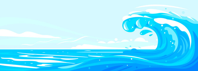 Fototapeta na wymiar One big blue ocean wave in side view illustration landscape, wonderful surfing wave in ocean, panorama of open deep sea ocean with big wave