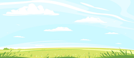Obraz na płótnie Canvas Green lawn with grass and flowers against blue sky with white clouds, summer sunny glades with field grasses and blue sky, freedom landscape illustration