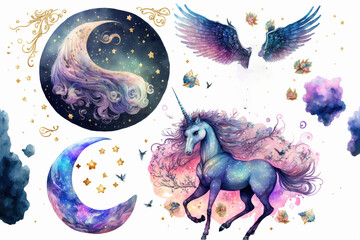 Unicorn, wings, crescent moon, stars, Celestial  fantasy clipart Generative AI