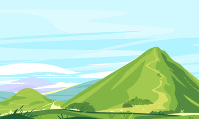 Naklejka premium Tourist trails in the beautiful green mountains in sunny day, hiking travel concept illustration background, top of the hill, conquer the top of the mountains