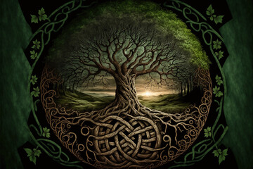 Celtic ancient forest. Sacred forest of the druids. AI generation