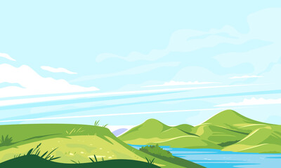 Place on the top of the hill with a panoramic view of mountains and river, hiking travel concept illustration, panorama of green hills with plants and grass