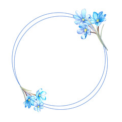 round frame with blue primroses